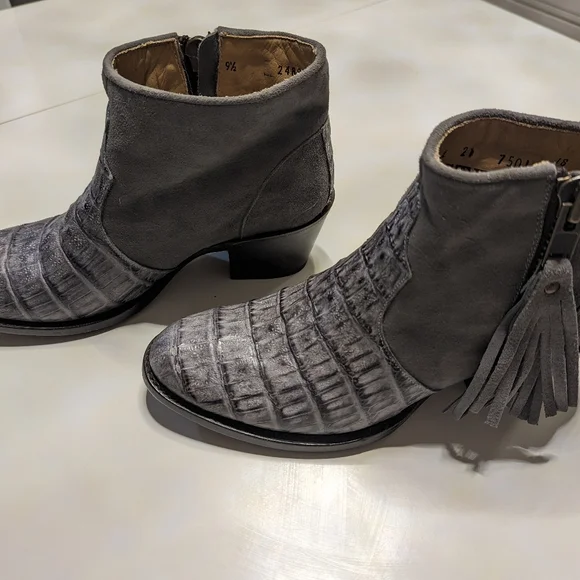Grey Women's Stetson "Paris" Suede and Caiman Exotic Ankle Boots - Picture 4 of 8